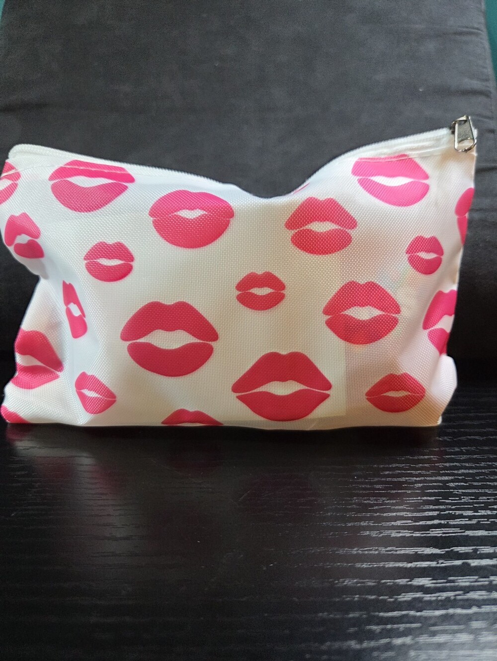 Feel Good Gifts-White Cosmetic Pouch with Pink Lip Print